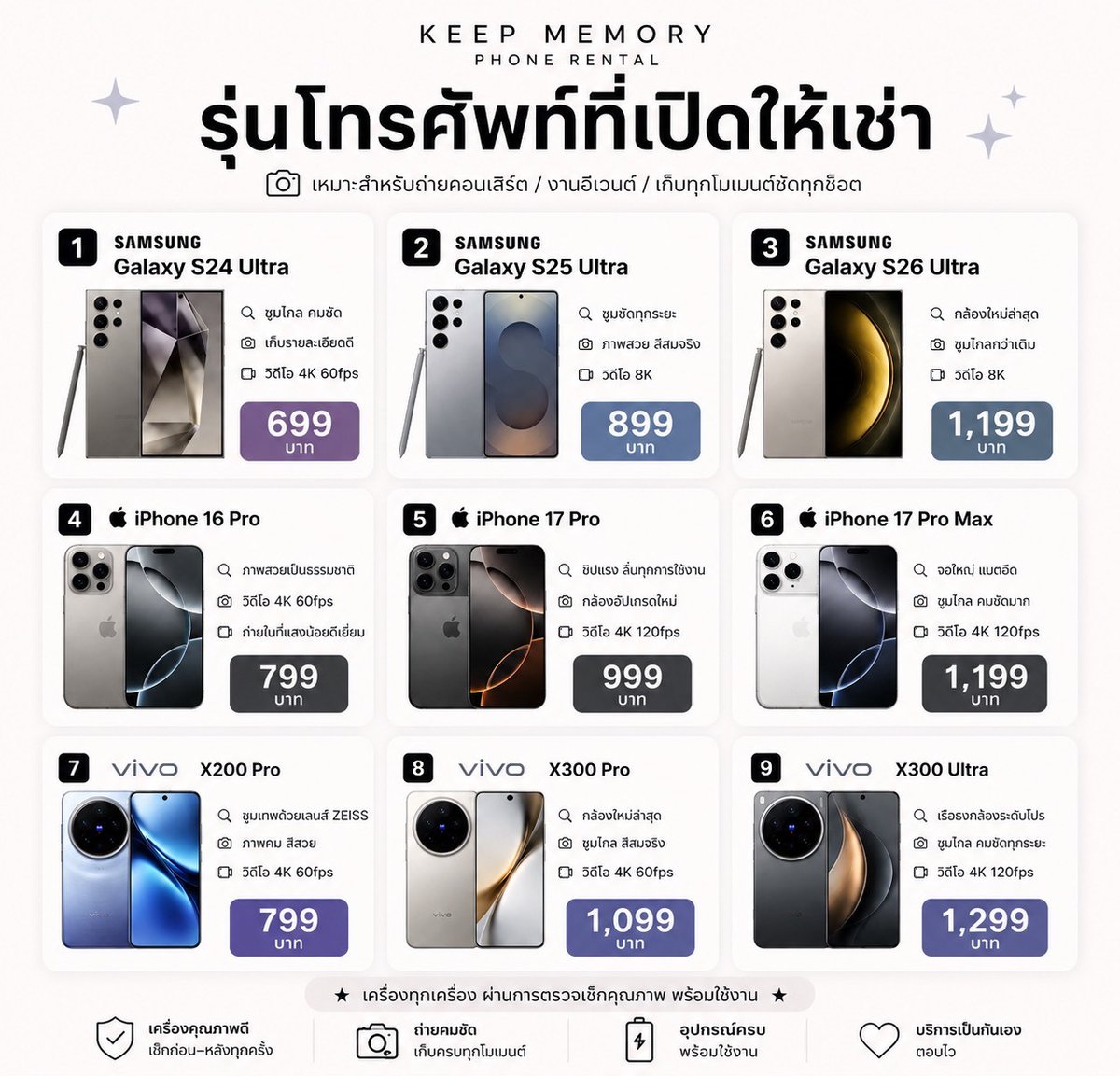 Keepmemoryth's tweet photo. 📸 อยากได้รูปคอนเสิร์ตชัด ๆ แต่เครื่องไม่ถึง?
KEEP MEMORY เปิดให้เช่า Smartphone เรือธงสำหรับถ่ายคอนโดยเฉพาะ ✨
🎤 ไปคอนทั้งที รูปต้องปัง!
🔥 มีให้เลือกทั้ง Samsung / iPhone / vivo
🎥 ถ่ายคม ซูมไกล เก็บโมเมนต์ได้ครบ
#KeepMemory #เช่ามือถือถ่ายคอน #ถ่ายคอนเสิร์ต #sams https://t.co/LVTY7P0FM9