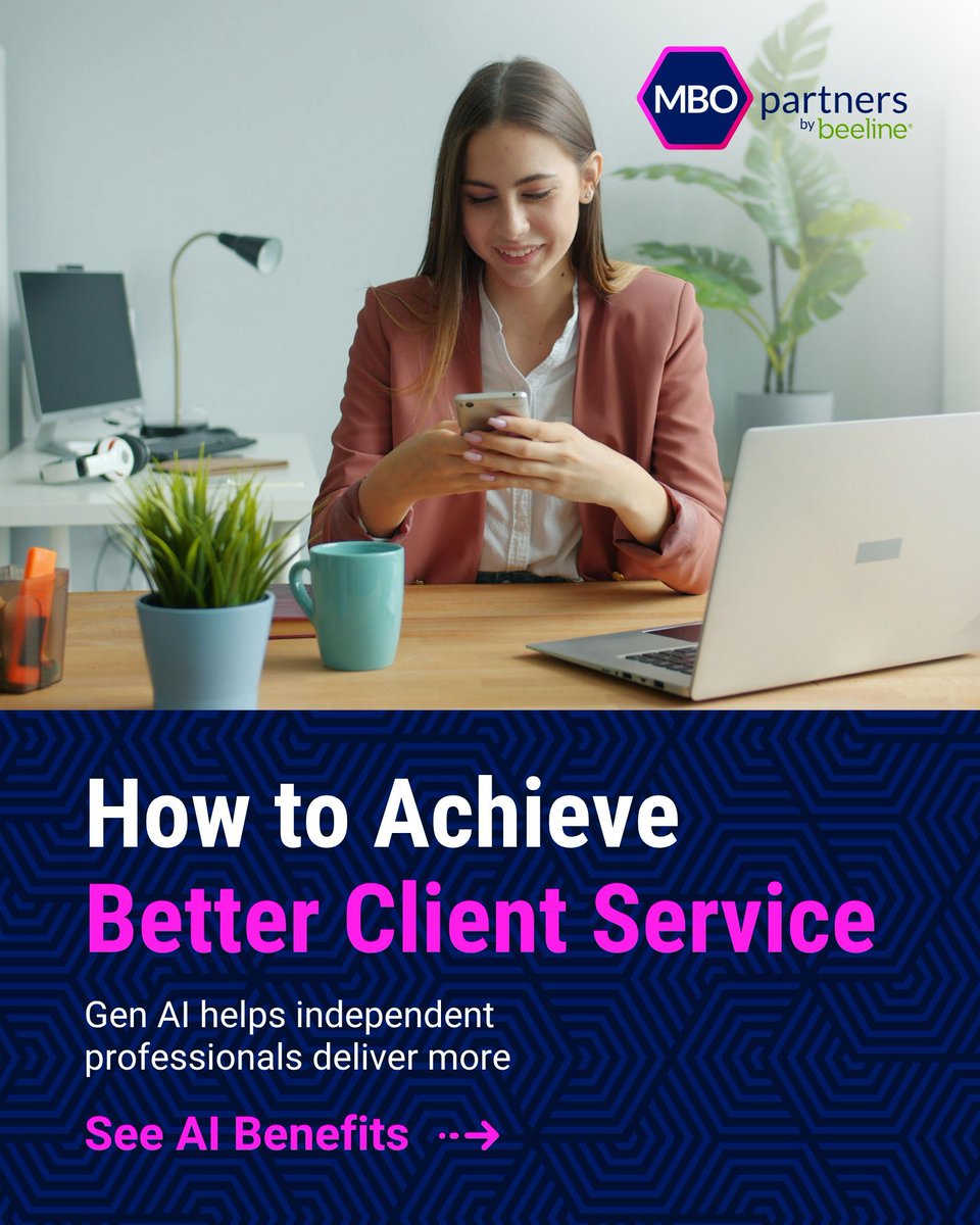 MBOpartners's tweet photo. Your clients want great service. Gen AI can help you stop letting the small stuff get in the way of building great relationships. 

Here’s how: https://t.co/wNeOycw3YW  

#GenAI #IndependentWork #ClientService https://t.co/DRpIGfQ9gf