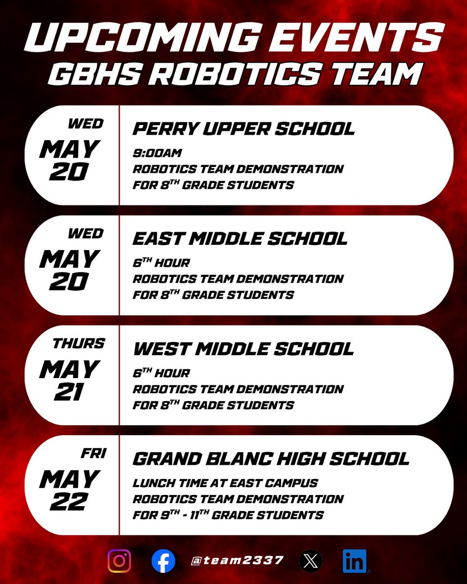Team2337's tweet photo. ATTENTION GBCS GRADUATING CLASSES OF 2027 - 2030!

The EngiNERDs are making rounds at all of the Grand Blanc Community Schools Middle Schools this week to share information on how you can join the GBHS Robotics Team. 

More information is available at https://t.co/AP1G7it7Pd https://t.co/8FuT3f8WPq