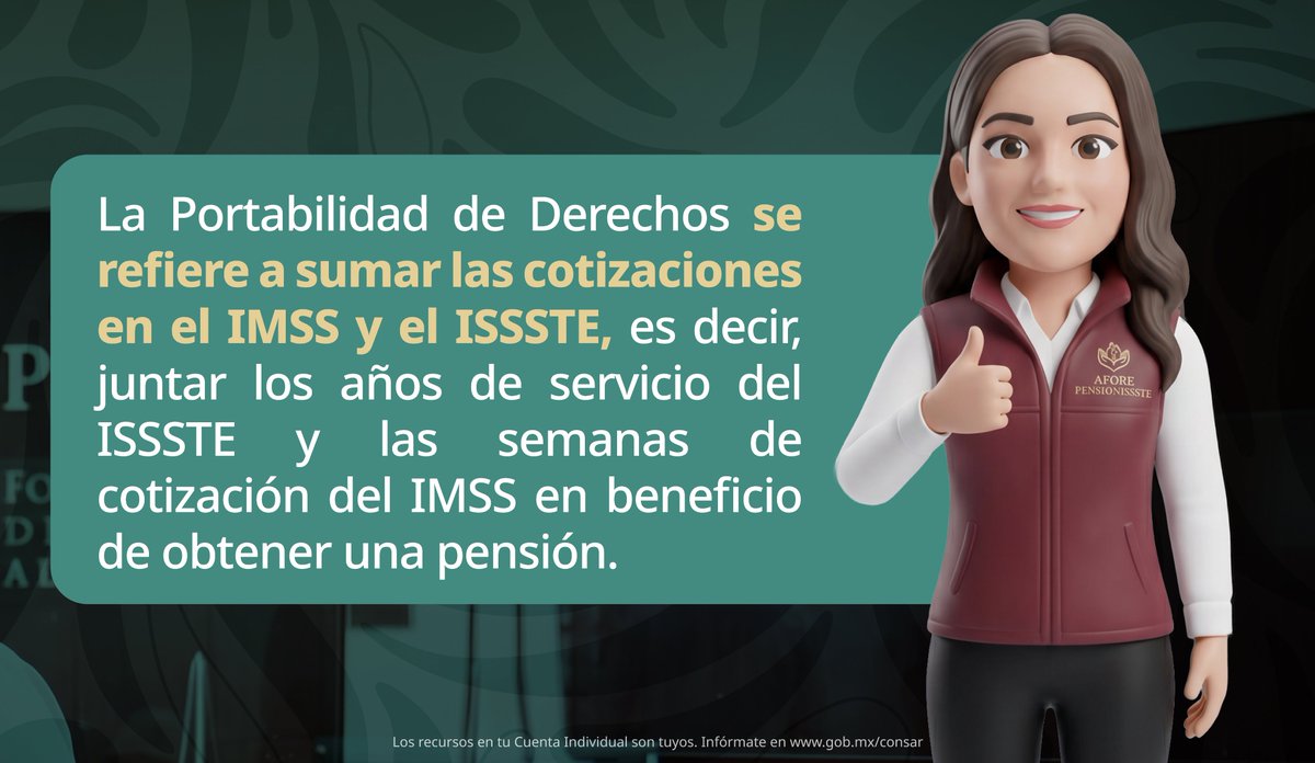PENSIONISSSTE_'s tweet photo. 💡👵👴 ¿Sabías que puedes unificar tus semanas cotizadas de @Tu_IMSS  y tus años de servicio del @ISSSTE_mx  para lograr tu pensión? 📋✨

En AFORE @PENSIONISSSTE_  somos expertos en orientarte sobre la Portabilidad de Derechos 🤝📈 para que aproveches al máximo tu historial laboral y te acerques a tu retiro. 🌟💼

✅ Recibe asesoría especializada
✅ Resuelve tus dudas
✅ Conoce si aplicas para este beneficio

Solicita información aquí: https://t.co/KtVlzqX0he 

#YoTeExplico