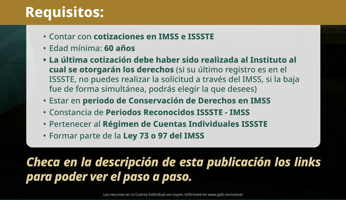 PENSIONISSSTE_'s tweet photo. 💡👵👴 ¿Sabías que puedes unificar tus semanas cotizadas de @Tu_IMSS  y tus años de servicio del @ISSSTE_mx  para lograr tu pensión? 📋✨

En AFORE @PENSIONISSSTE_  somos expertos en orientarte sobre la Portabilidad de Derechos 🤝📈 para que aproveches al máximo tu historial laboral y te acerques a tu retiro. 🌟💼

✅ Recibe asesoría especializada
✅ Resuelve tus dudas
✅ Conoce si aplicas para este beneficio

Solicita información aquí: https://t.co/KtVlzqX0he 

#YoTeExplico