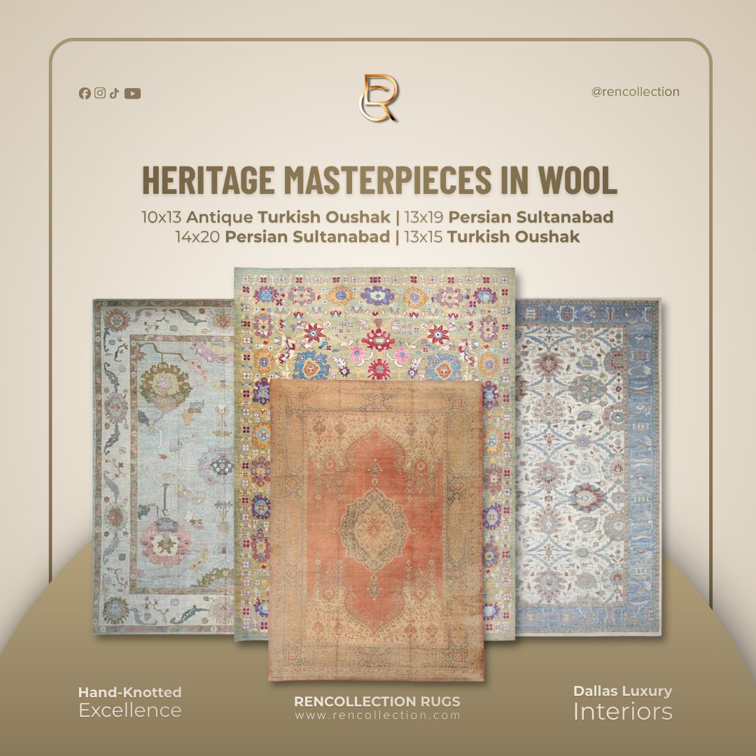 RenCollection's tweet photo. The heritage lives underfoot. Antique Turkish Oushak, Persian Sultanabad &amp; hand-knotted rugs (10x13, 13x19, 14x20, 13x15) bring timeless Dallas luxury interiors to life.
Discover at https://t.co/IX0OS7eJeW
#LuxuryRugs #DallasInteriors #RenCollection https://t.co/OIUNSykWSz