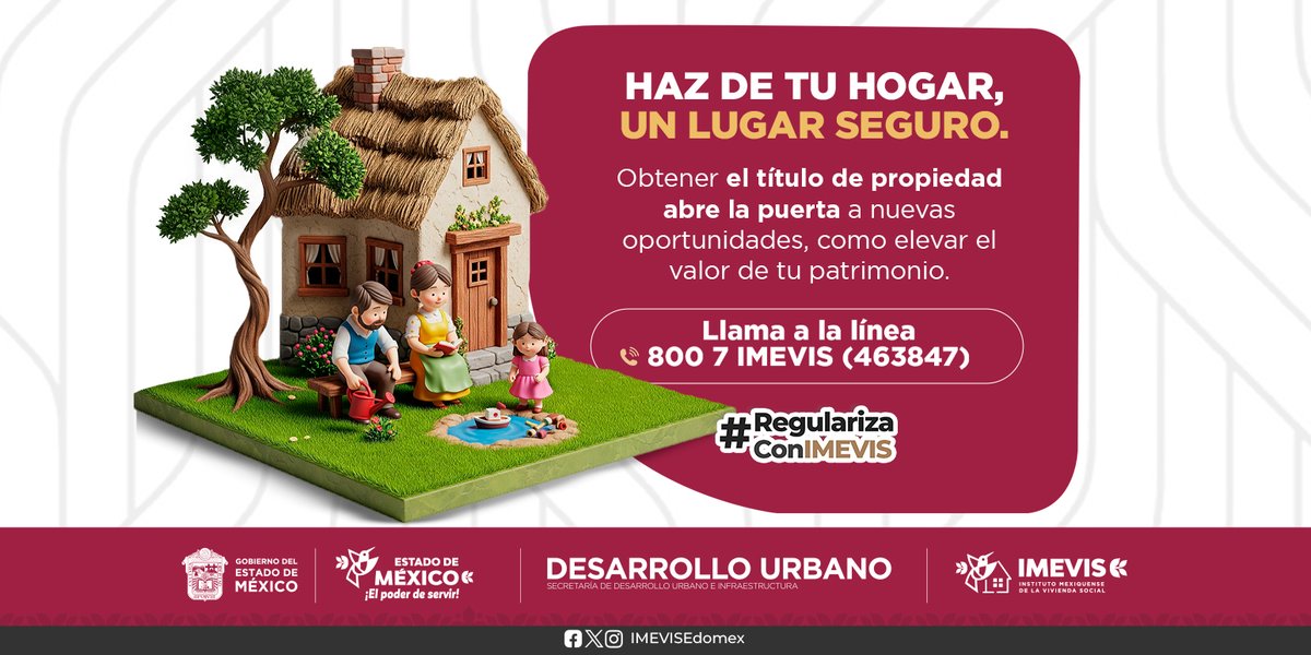 IMEVISedomex's tweet photo. ✨ Obtener tu título de propiedad no solo te da certeza jurídica sobre tu hogar, también brinda tranquilidad y seguridad para tu familia.
Acércate al #IMEVIS y tramita tu título de propiedad.
Consulta la línea 800 7 (IMEVIS) 463847. ☎️
#ElPoderDeServir https://t.co/6cSqEx32Y2