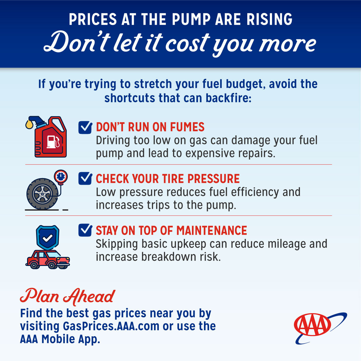 AAA_ACG's tweet photo. A Memorial Day road trip will cost more at the pump this year. We project that 39.1 million people will be hitting the road this year with a current national gas price average of around $4.52 a gallon. Last year Memorial Day travelers saw an average price of $3.06 per gallon on Memorial Day.

Here's a few tips to help you save: