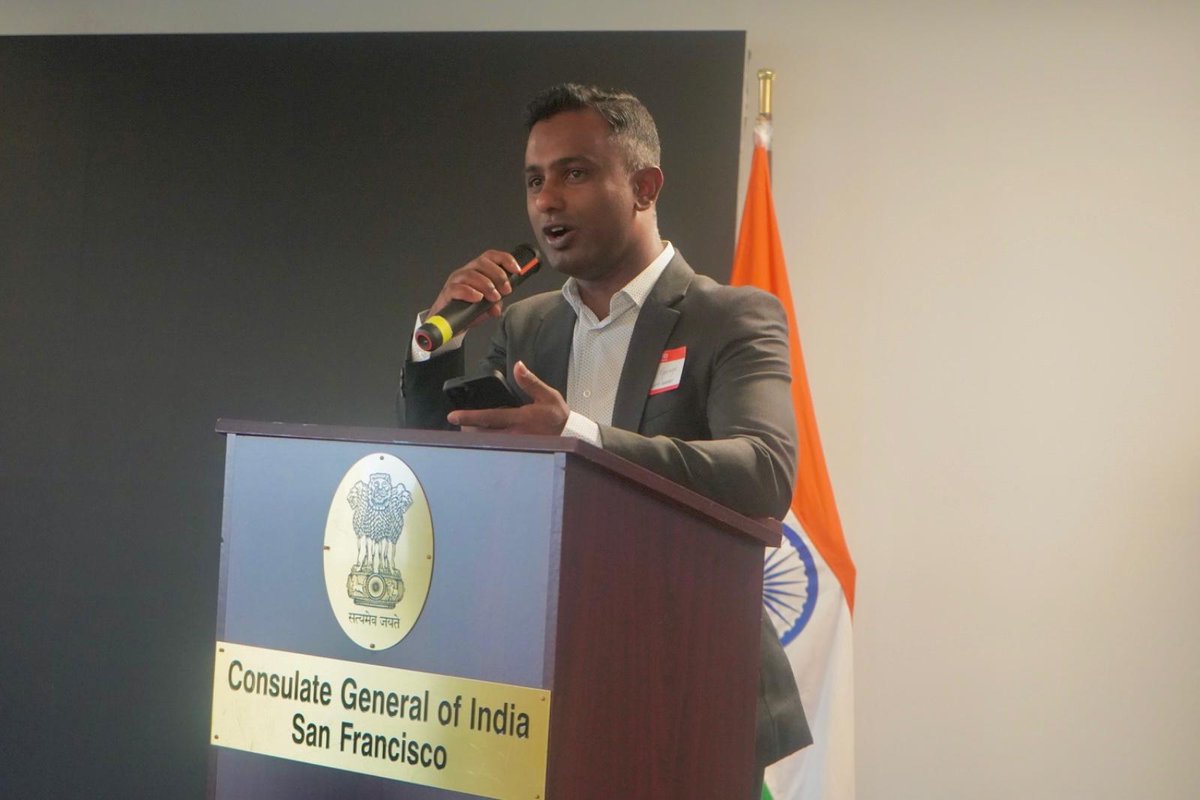 CGISFO's tweet photo. Startups spanning AI, aviation, climate tech and health tech showcased #India's growing deep-tech momentum, with founders making the case that India has the talent and the technology, and Silicon Valley offers the networks and capital to scale it. Representing the cohort were Mohan Raj Makkuni, founder of @GreenvironmentI; Rishy George, co-founder of Zerowatt; Dr. Satya Chakravarthy, founder of @ePlaneCompany; Manoj Bharadhwaj, founder of @attri_ai and Nikkita Seth of @Neuro_stellar.

2/2

@MEAIndia @IndianEmbassyUS @EduMinOfIndia @GoI_MeitY