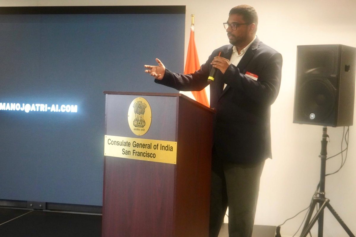CGISFO's tweet photo. Startups spanning AI, aviation, climate tech and health tech showcased #India's growing deep-tech momentum, with founders making the case that India has the talent and the technology, and Silicon Valley offers the networks and capital to scale it. Representing the cohort were Mohan Raj Makkuni, founder of @GreenvironmentI; Rishy George, co-founder of Zerowatt; Dr. Satya Chakravarthy, founder of @ePlaneCompany; Manoj Bharadhwaj, founder of @attri_ai and Nikkita Seth of @Neuro_stellar.

2/2

@MEAIndia @IndianEmbassyUS @EduMinOfIndia @GoI_MeitY