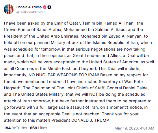 Min_FX's tweet photo. 【要人発言】
🇺🇸トランプ大統領
「予定していた対イラン攻撃を一時停止」
中東3カ国の要請で交渉継続へ。一方「合意なければ即大規模攻撃」と警告。中東リスクはやや後退。 https://t.co/7ZAdmmjD5w