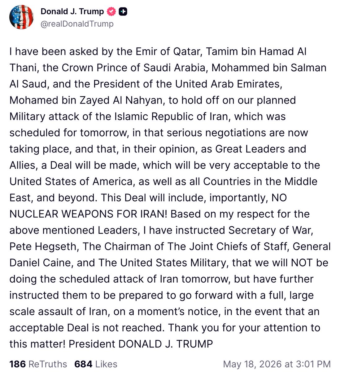 annmarie's tweet photo. Trump says he called off a planned military attack on Iran that was scheduled for tomorrow. https://t.co/GL9yLvXLr1