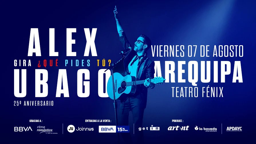 AlexUbagoPeru's tweet photo. 💥 ¡Este 2026 Álex Ubago regresa a Arequipa! 🤩 El concierto que estabas esperando con todas esas canciones que siempre quisiste disfrutar en vivo. 🎼 #Gira25Aniversario en Perú este mes de agosto. ✅ ¿Acaso te lo vas a perder?
🎟️ Entradas en Joinnus. https://t.co/MsUhuNbcsy