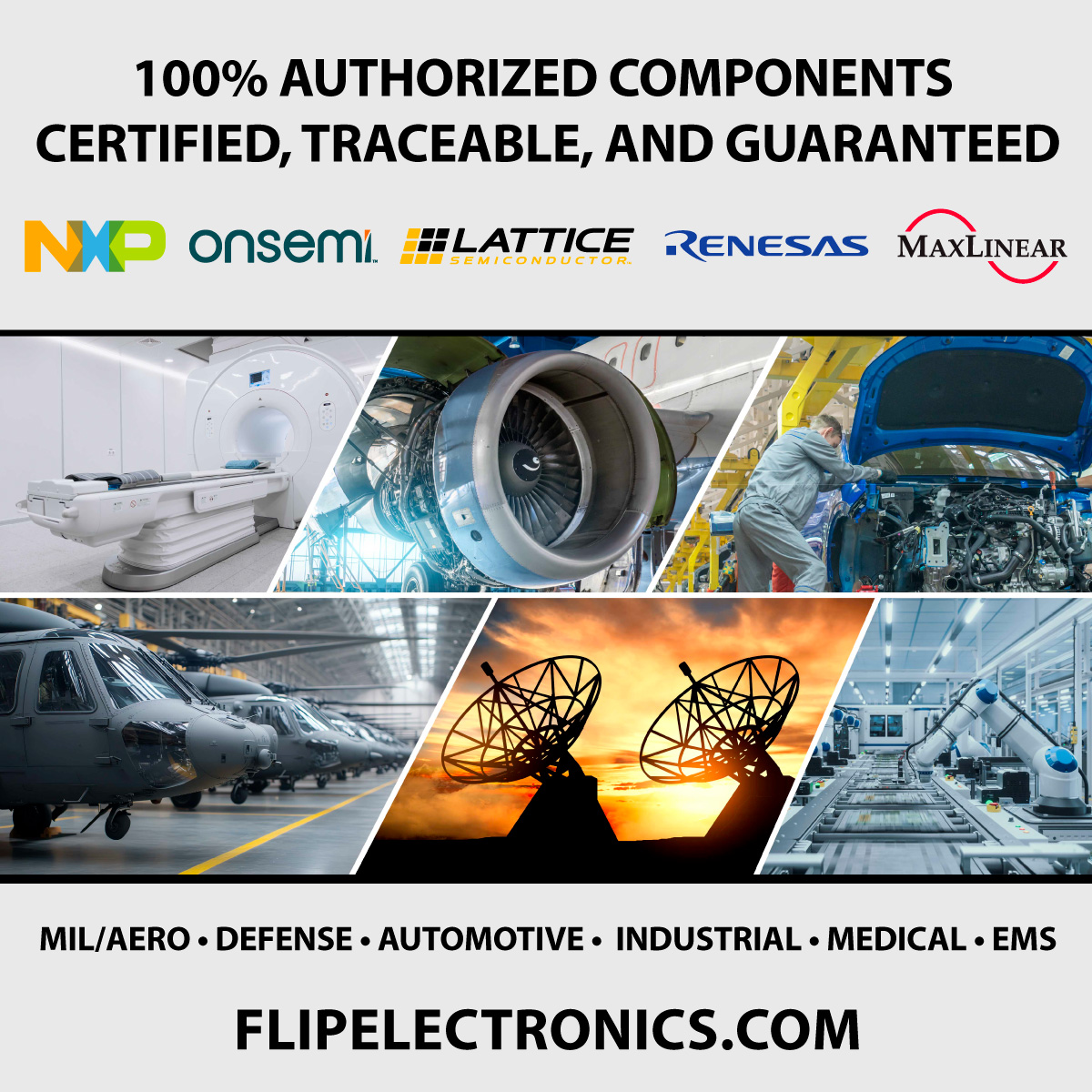 FlipElectronics's tweet photo. From aerospace &amp; defense to auto, industrial, medical, EMS, transportation, &amp; beyond, Flip supports the world’s most critical industries—where performance, reliability, &amp; supply continuity are non-negotiable.

Search our authorized inventory you need: https://t.co/zj9qrnYOSc https://t.co/GwzWCBQr0E