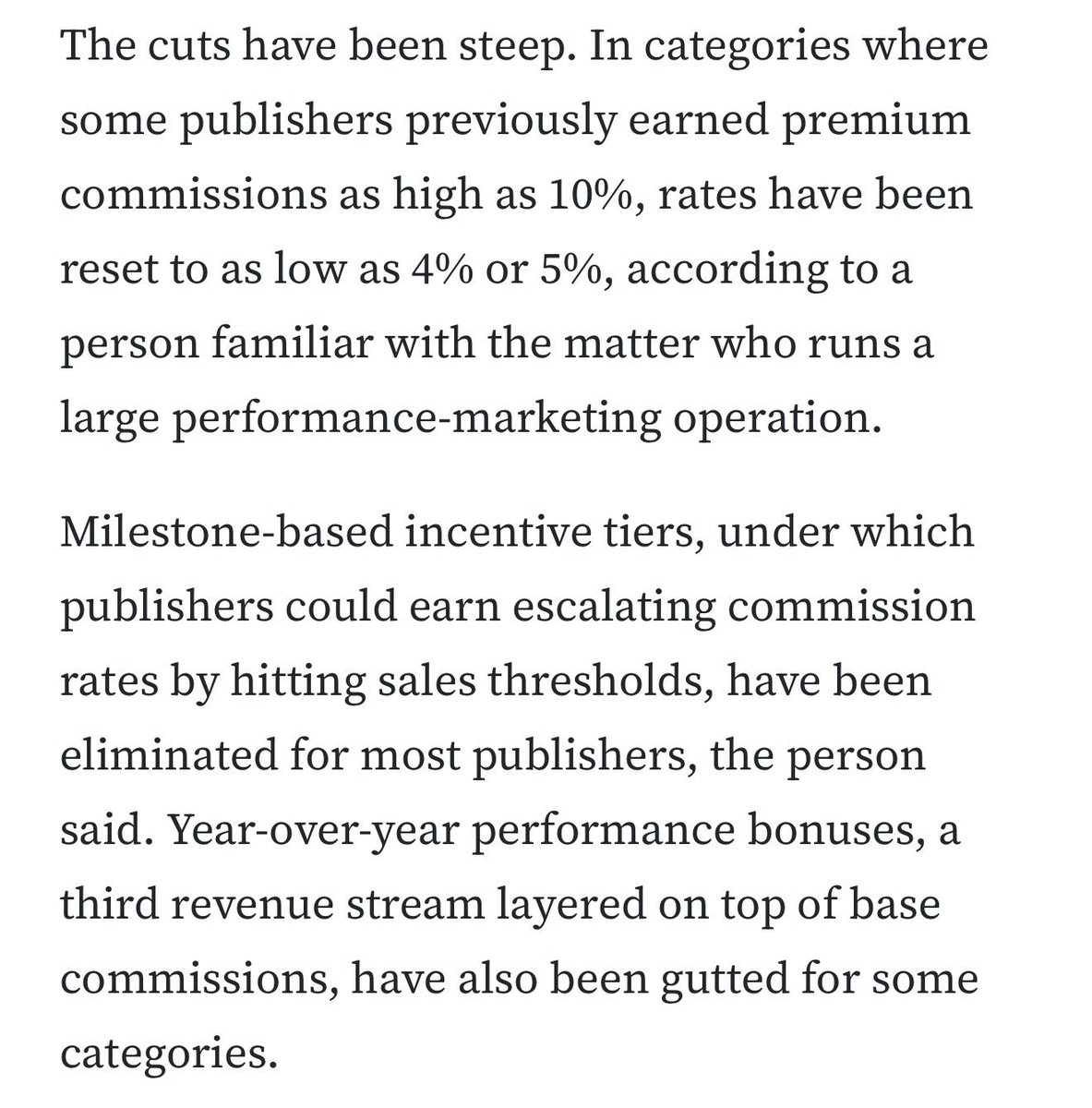 MarkStenberg3's tweet photo. New: In an effort to control its costs, Amazon has slashed the affiliate commissions it pays to many of its publisher partners, in some cases up to 50%.

The changes are another blow to publishers' affiliate businesses, which have already been upended by Google Zero. https://t.co/12Utw4wppB