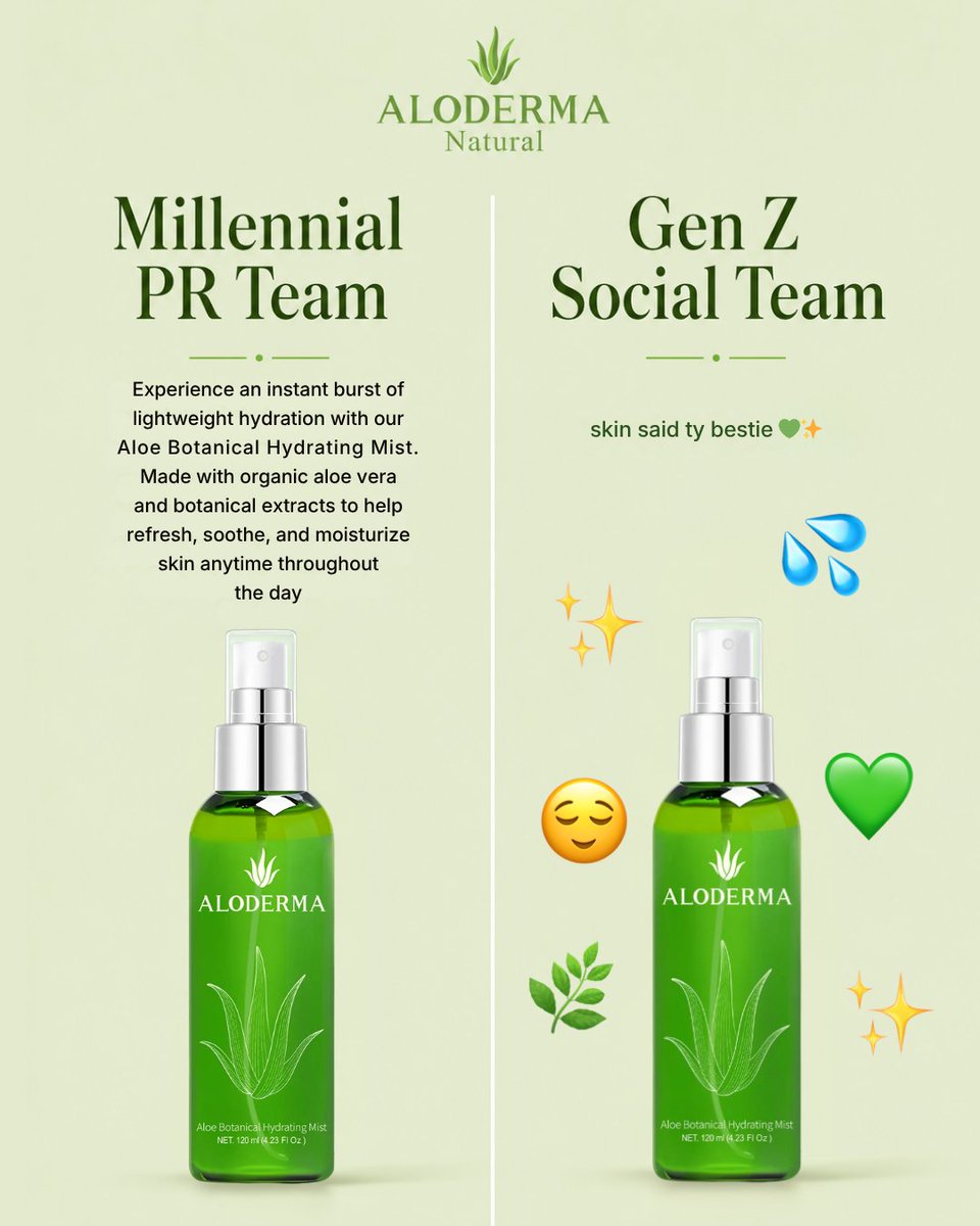AlodermaC's tweet photo. POV: One team writes a full paragraph… the other just says "skin said ty bestie" 💚✨

Either way, our Aloe Botanical Hydrating Mist is getting the love it deserves. 

Which team are you? 👀
Millennial PR Team or Gen Z Social Team? 🌿

https://t.co/PdJLVNqNoj or on Amazon https://t.co/fDSg1CbLfW