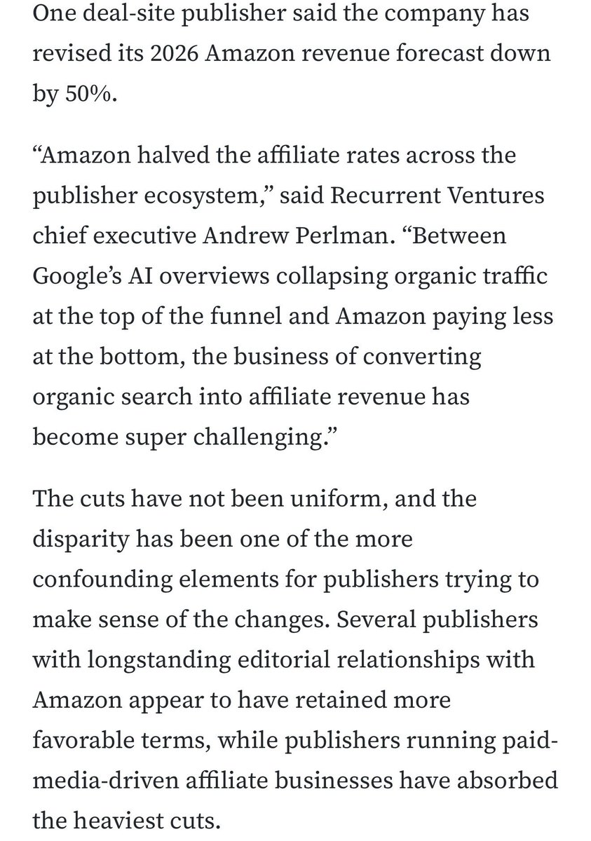 MarkStenberg3's tweet photo. New: In an effort to control its costs, Amazon has slashed the affiliate commissions it pays to many of its publisher partners, in some cases up to 50%.

The changes are another blow to publishers' affiliate businesses, which have already been upended by Google Zero. https://t.co/12Utw4wppB
