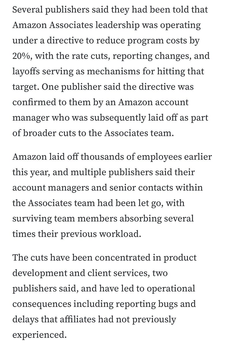 MarkStenberg3's tweet photo. New: In an effort to control its costs, Amazon has slashed the affiliate commissions it pays to many of its publisher partners, in some cases up to 50%.

The changes are another blow to publishers' affiliate businesses, which have already been upended by Google Zero. https://t.co/12Utw4wppB