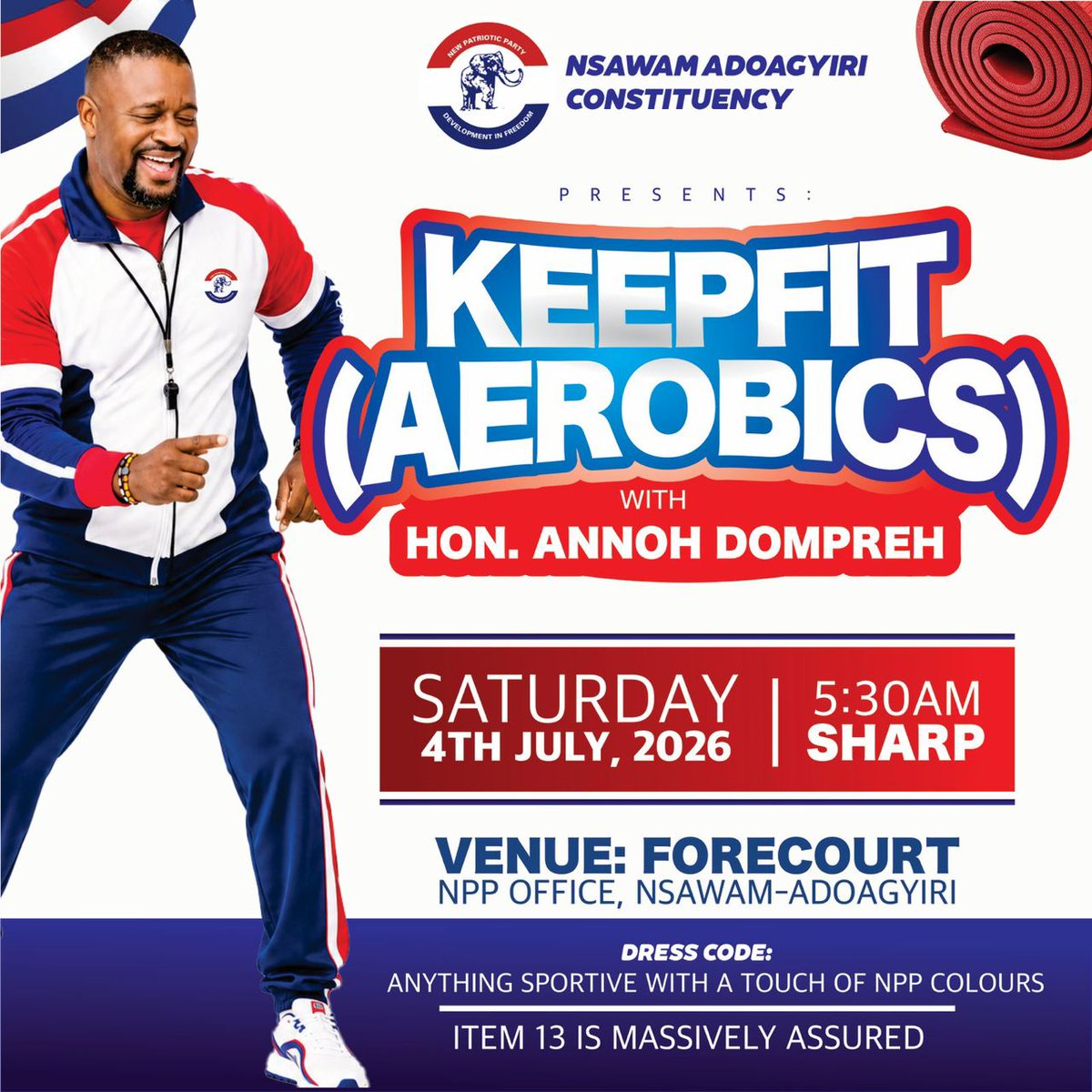 NanaKay6334's tweet photo. 🔥 High energy wakes up. Show up. Sweat it out. 💪🔥
Nsawam-Adoagyiri, we’re keeping fit with Hon. Annoh-Dompreh @FAnnohDompreh Saturday 4 July!
5:30AM sharp — no excuses.
Item 13 is MASSIVELY assured! 🇬🇭 #KeepFit #NsawamAdoagyiri https://t.co/Fk07cRDb2y