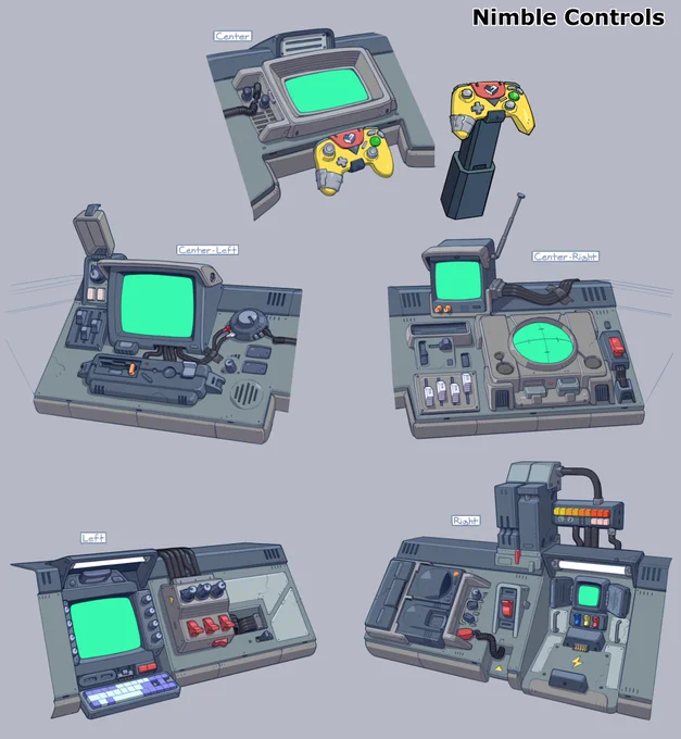 Some of my concepts and explorations of the heroes' ship, the Nimble! This one took a lot of work, and I wanted to include a lot of fun references in the interior, can you spot them all? (Also, all of the chairs were designed with clearance/holes for tails in mind) #gameoverse