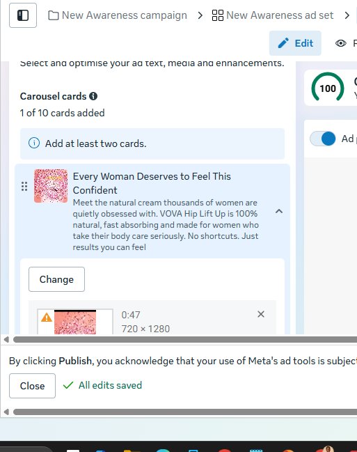 ecombridgee's tweet photo. Behind the scenes of running Meta ads for a Shopify beauty store. Awareness campaign. $50 daily budget. Carousel with 10 cards. Campaign score of 100. Broad audience of 250 million plus. Every decision intentional. This is what proper ad setup looks like.  #Shopify #Ecombridgee https://t.co/WuKVcFY2Lq
