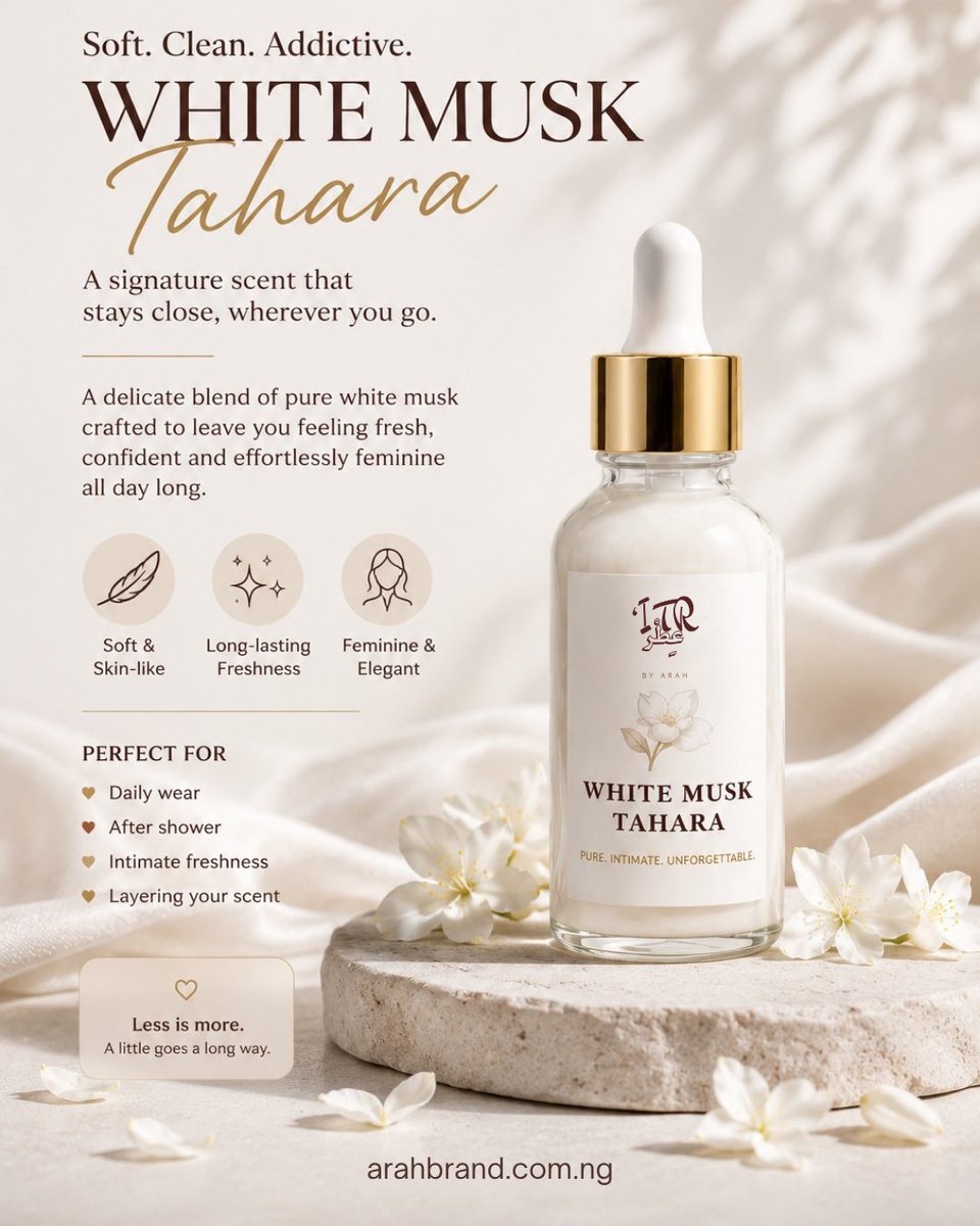 ArahBrand's tweet photo. That fresh out of the shower smell mixed with soft luxury & feminine elegance ✨

Perfect for:
🤍 Everyday wear  
🤍 Layering with your perfumes  
🤍 After shower freshness  
🤍 Long lasting clean scent lovers  

One small drop goes a long way 😍

Be a compliments magnet with @itrbyarah 😘😮‍💨🤎

Arah Store Address -  
INSIDE Snowwhite Laundry & Dry Cleaning Services, Ground Floor - Lebrex Plaza 47 Ajose Adeogun Street Utako Abuja.

Call 📞 09021763687.

Follow our other pages: @shoparahbrand @arahtextiles

How to Order:
1) Send a DM
2) Send a message on WhatsApp (link in bio)
3) Shop on our website & get 05% off when you use code WELCOME24

Comment “link” and you will receive the link to our website directly to your DM 📥

#whitemusk #musktahara #oilperfumeinnigeria #abujaperfumes #cleanirlscent softgirlscent luxuryfragrance musktaharaabuja itrbyarah perfumeinnige