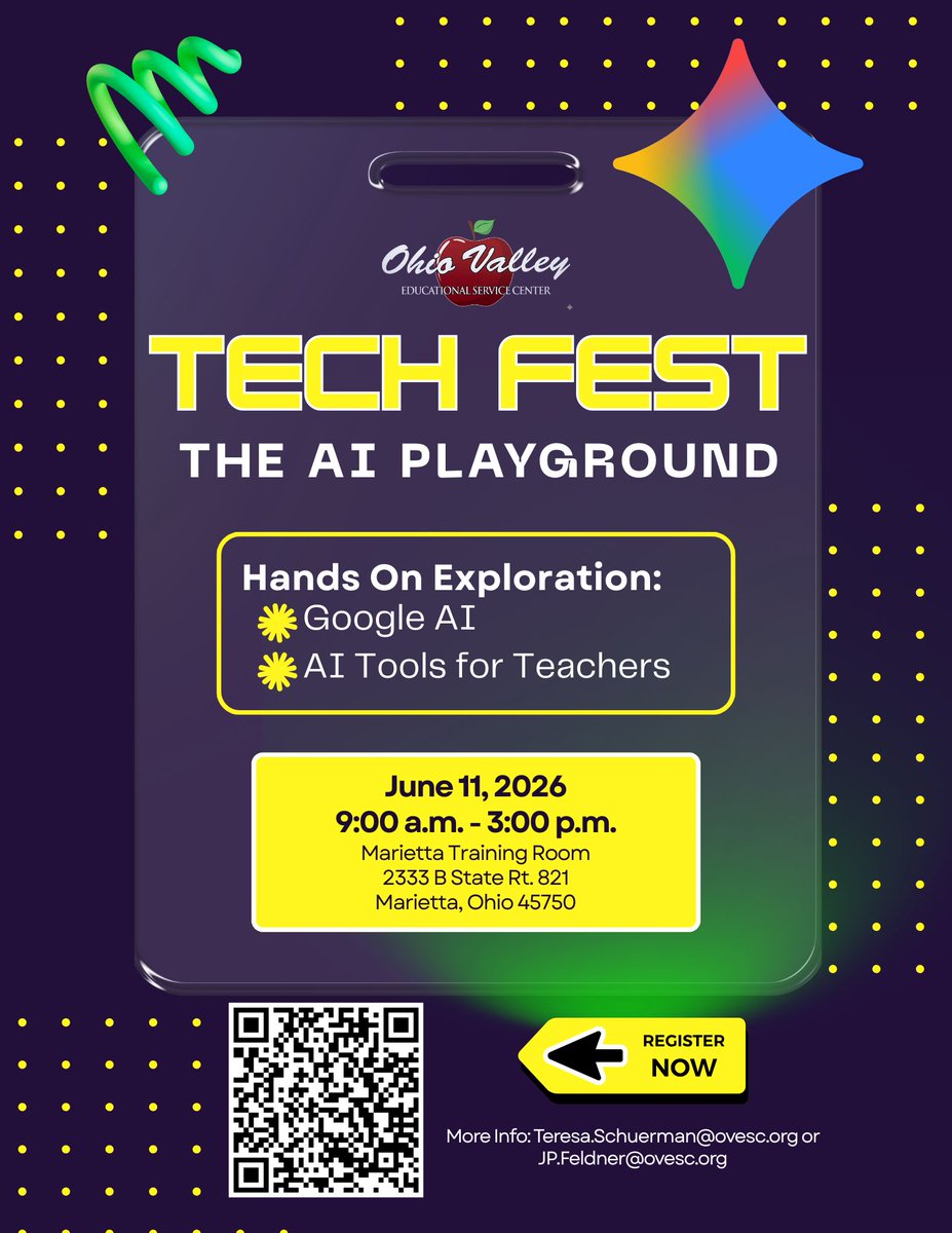 OhioValleyESC's tweet photo. Join us for Tech Fest: The AI Playground!
What to expect:
• Interactive exploration of Google AI
• Practical AI tools you can use immediately with students
June 11, 2026
9:00 a.m. – 3:00 p.m.
Marietta Training Room
Free for OVESC member districts, others $85 
Register Today! https://t.co/mwyB435pdr