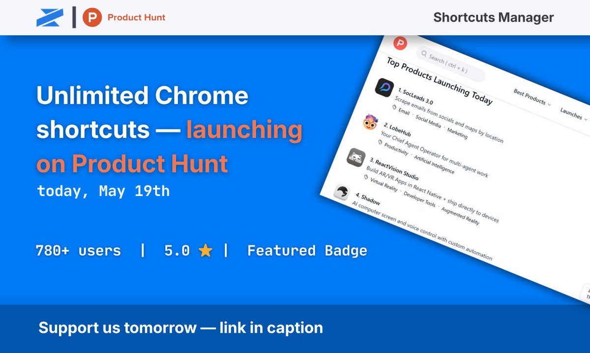 ZyntroOfficial's tweet photo. Shortcuts Manager is live on @ProductHunt today 🚀

Unlimited Chrome shortcuts — any site, any action, fully yours.

780+ users ★ 5.0 rating 🏅 Featured

Support us today and get 40% discount on premium of shortcuts manager → [link in bio]

#ProductHunt #ChromeExtension https://t.co/tEKZEvAEPe
