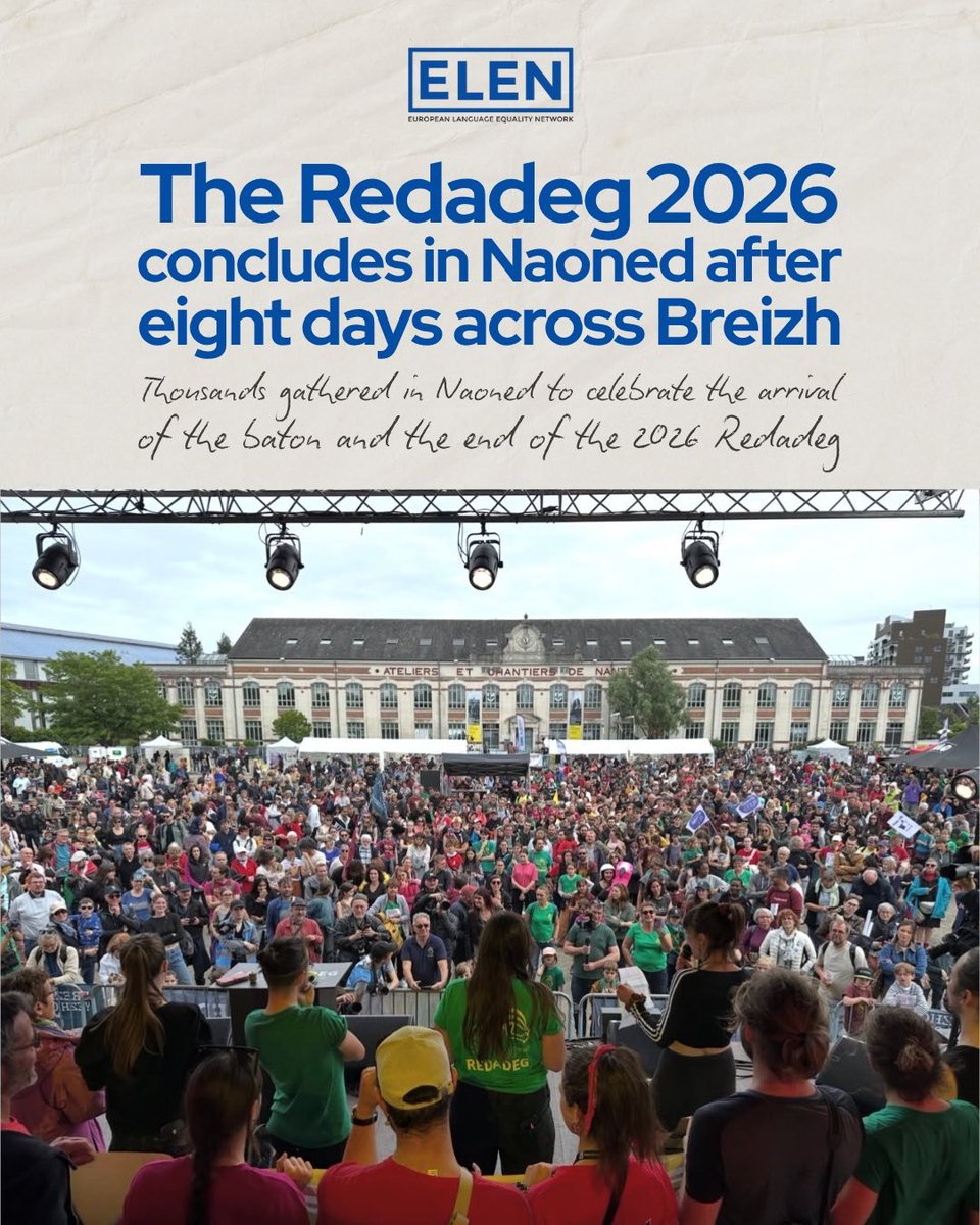 EUROLANG's tweet photo. Thousands gathered in Naoned on Saturday May 16th to celebrate the arrival of the final stage of the 2026 #Redadeg - the sponsored run for #Brezhoneg. 🏃‍♂️🏃‍♀️
Its been a huge success with massive public support for all the events as it crossed Breizh (Brittany). 🏃‍♂️🏃‍♀️
#ELEN2026 https://t.co/COao4pgui9