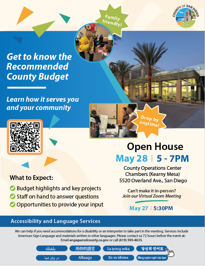 SDCountyLibrary's tweet photo. Learn about the County’s recommended budget at a virtual community meeting on May 27 and an in-person open house on May 28. https://t.co/tsjkyUudpO