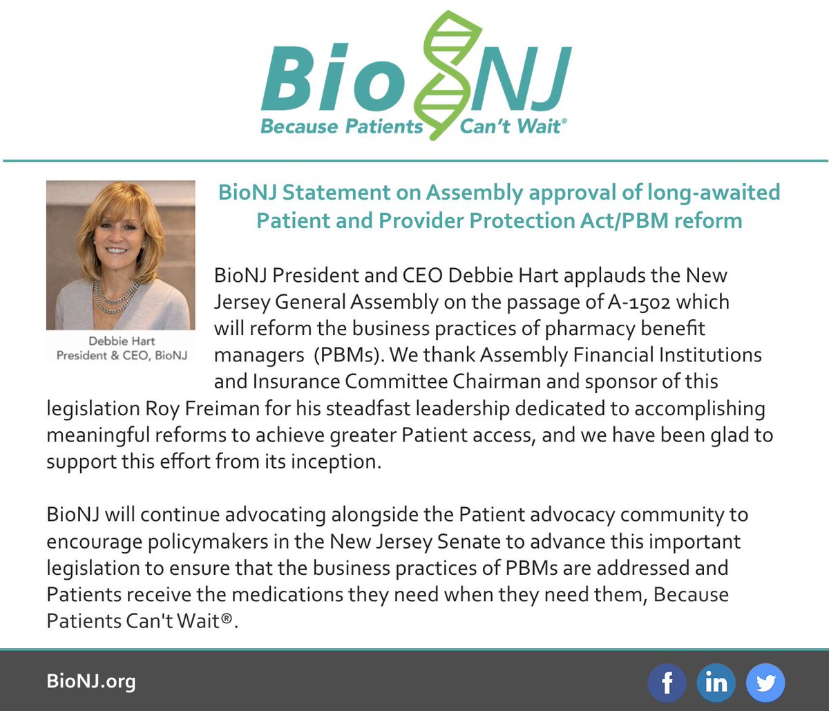 BioNJ_Org's tweet photo. BioNJ Statement on Assembly approval of long-awaited Patient and Provider Protection Act/PBM reform
#PatientProtection #PBMReform #PharmacyBenefits #BioNJ #PatientAdvocacy #PatientAccess https://t.co/gKeyMFYN79