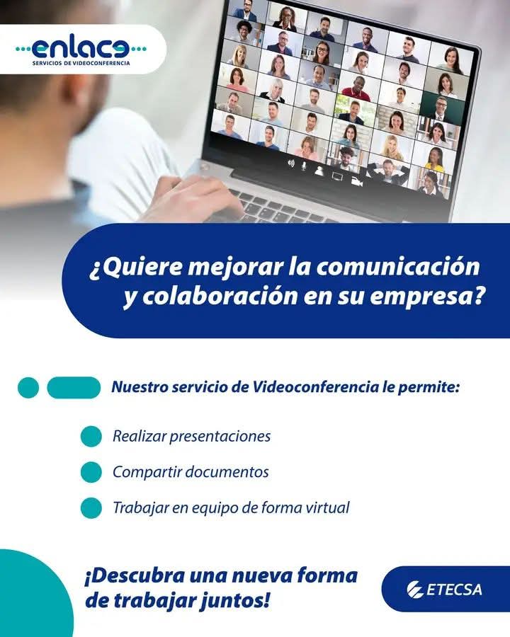 ETECSA_VC's tweet photo. Con Enlace, el servicio de videoconferencia de @ETECSA_Cuba , tu empresa puede organizar reuniones virtuales y eventos corporativos. 
La información que necesitas en👉 https://t.co/phKUaxiS17 o directamente en la Oficina Comercial Empresa. #EtecsaConCuba https://t.co/UUNBAMY3YN