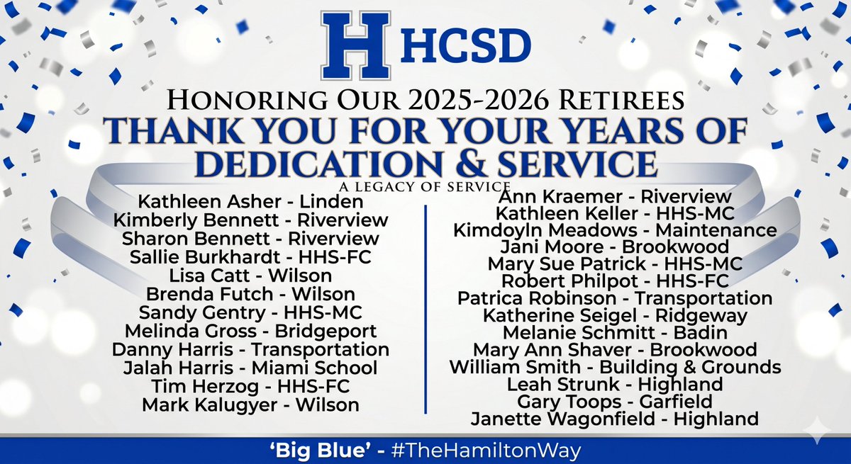 Hamilton_CSD's tweet photo. Hamilton City Schools celebrates 26 incredible staff members retiring this year! Thank you for your decades of combined dedication, passion, and service to our students, schools, and community. We wish you all the absolute best in your well-deserved retirement! 💙 #TheHamiltonWay https://t.co/GoKmC0GAXn