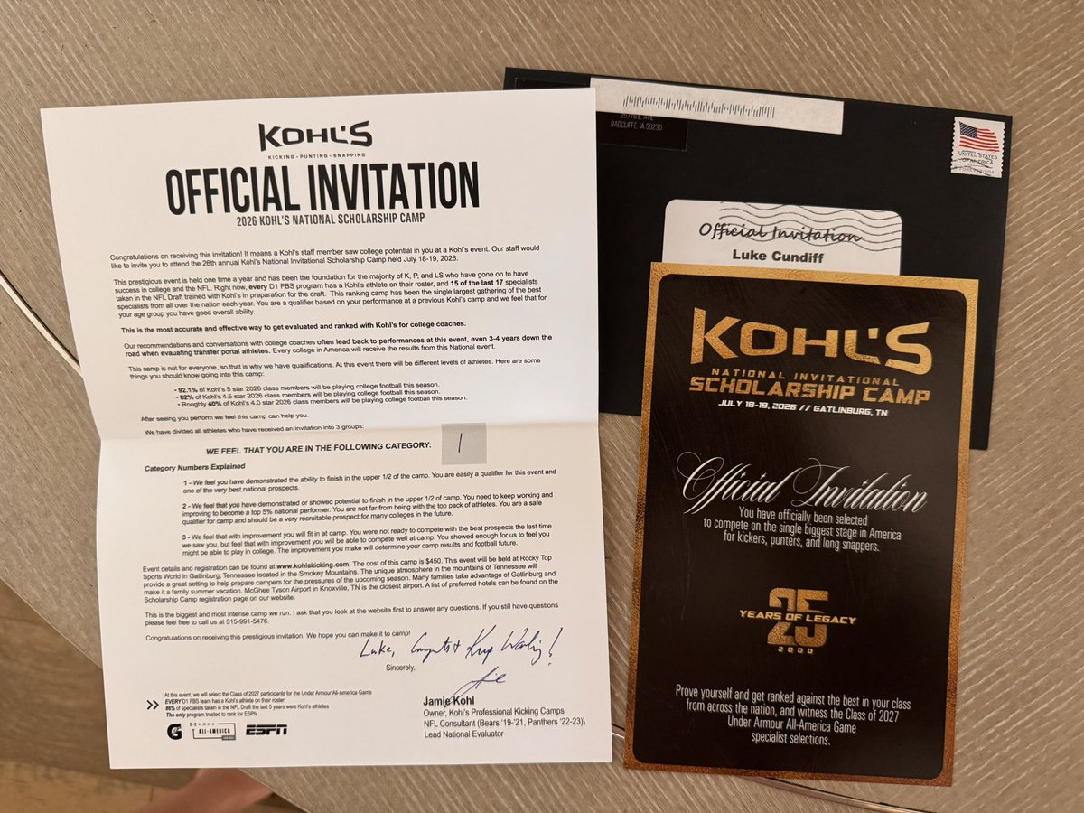 Luke_Cundiff's tweet photo. Year Two. Looking forward to competing with some of the top specialists in the country at the 2026 @KohlsKicking National Scholarship Camp in Gatlinburg, TN. https://t.co/D6z8a60rlz