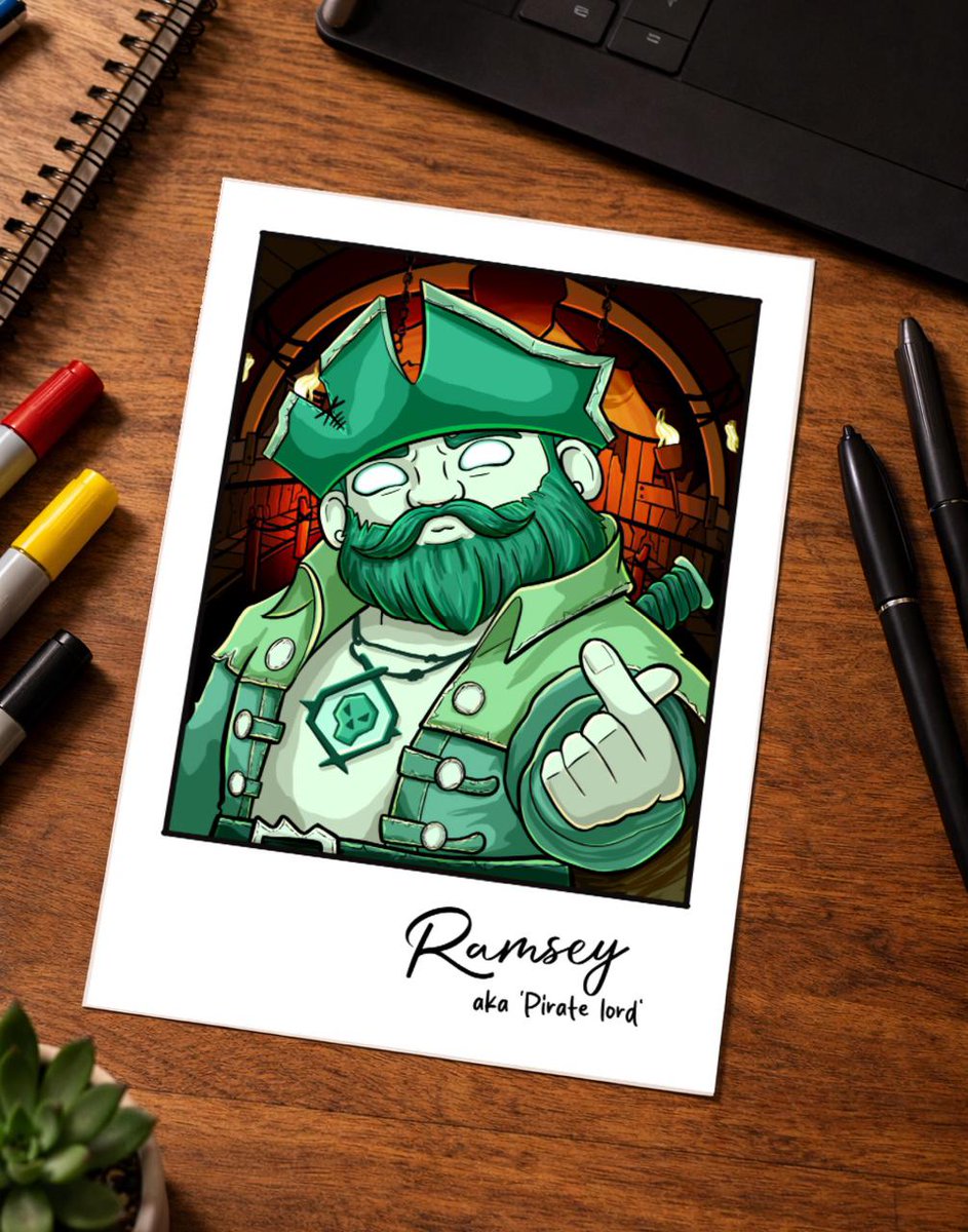 ColourMeFun's tweet photo. Nothing says “feared Pirate Lord” quite like blowing kisses in the Reaper’s Hideout💋😆 

Newest design from my Polaroid series shows Ramsey in the Reaper’s Hideout, blowing a kiss &amp; throwing up a love heart like he just discovered selfies existed  

#SeaOfThieves #BeMorePirate https://t.co/FQ7Ila7CEX