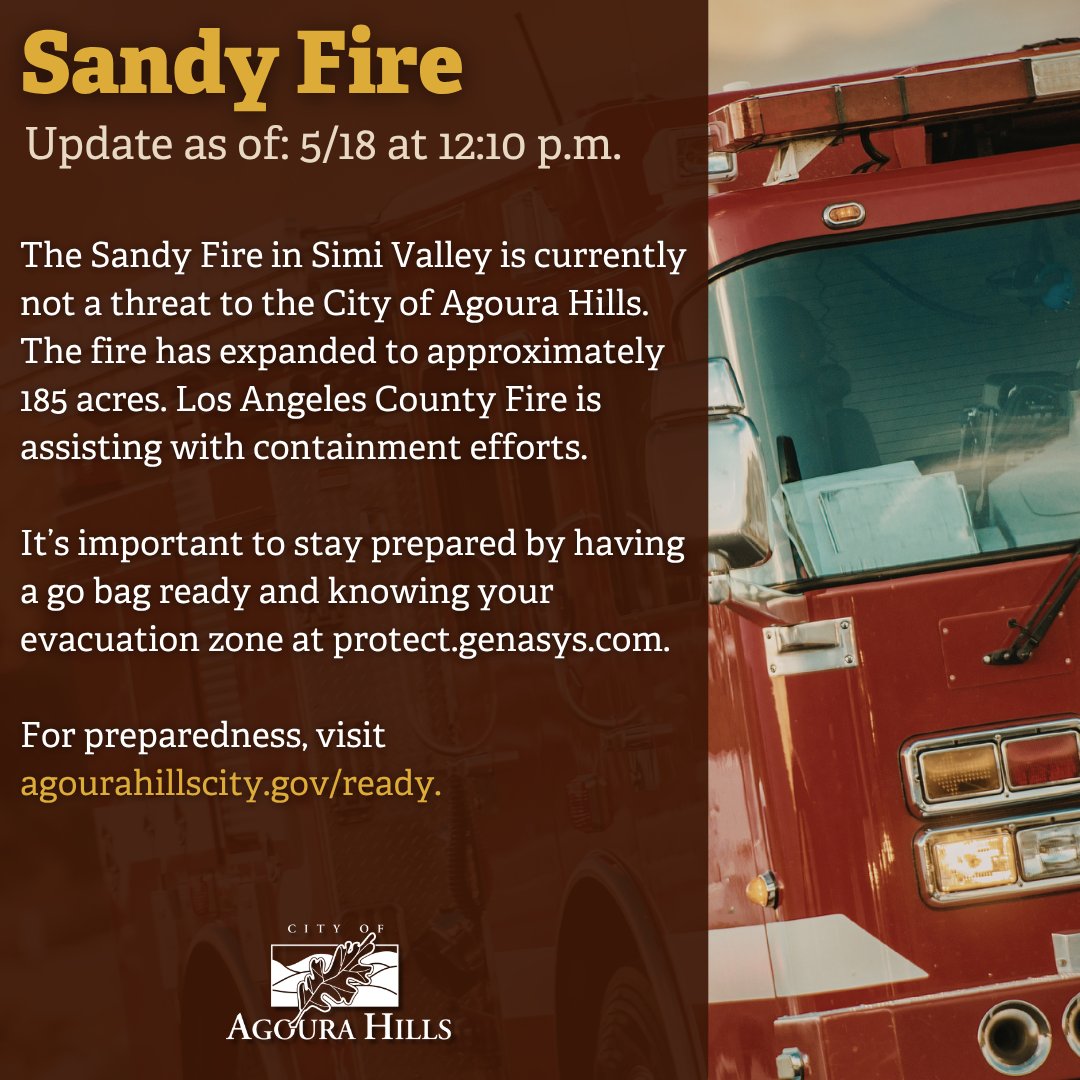 CityAgouraHills's tweet photo. The Sandy Fire in Simi Valley is currently not a threat to the City of Agoura Hills. The fire has expanded to approximately 185 acres. Los Angeles County Fire is assisting with containment efforts.

It’s important to stay prepared by having a go bag ready and knowing your evacuation zone at https://t.co/8zlV0S57K2. 

For preparedness, visit https://t.co/uMDoZa4pqM.
