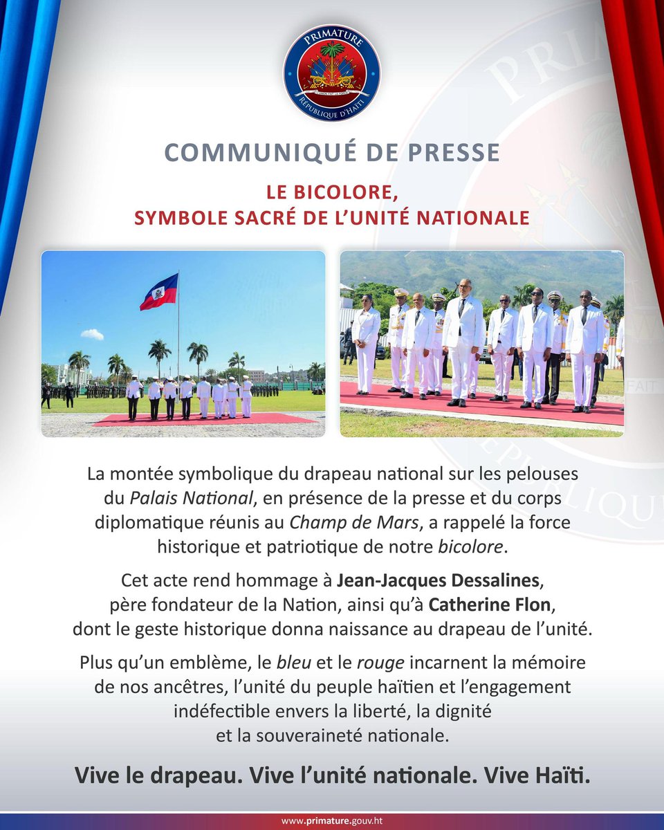 PrimatureHT's tweet photo. LE BICOLORE ÉTERNEL : HÉRITAGE SACRÉ DE L’UNITÉ NATIONALE ET DE LA SOUVERAINETÉ HAÏTIENNE https://t.co/DRWFdMEoje