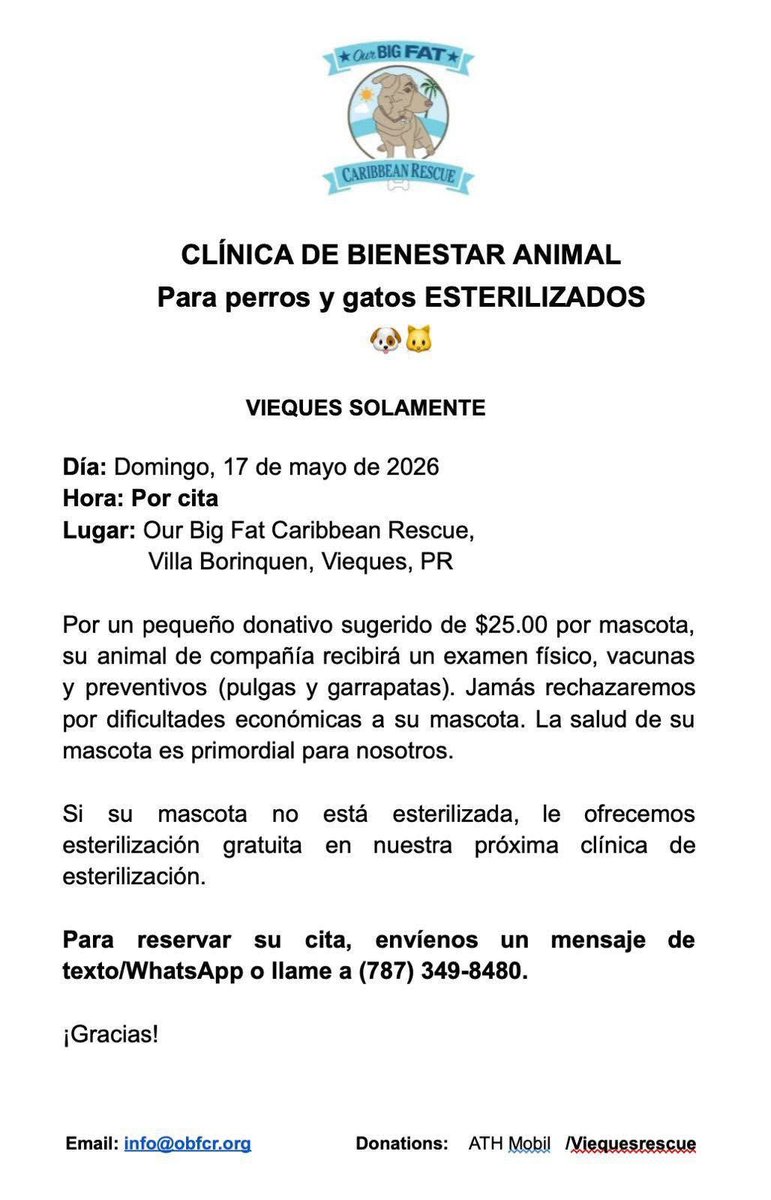 RemiMartinPR's tweet photo. ¿Necesitas vacunas? ¿Animal enfermo? 25.00 incluye vacunas y examen veterinario completo. Si no puedes pagar, ven de todos modos. La salud de tu animal es muy importante para nosotros en Our Big Fat Caribbean Rescue.

Lugar: Municipio de Vieques

Remi Martin 
Compromiso Social https://t.co/ByJOrM1WCV