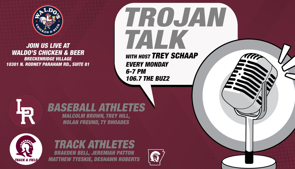 LRTrojans's tweet photo. Tonight is our LAST Trojan Talk of the 2025-26 season!!🎙🍗

Join us at Waldo’s Chicken &amp; Beer for Trojan Talk with Trey Schaap on 106.7 The Buz2 🐔

📍 Breckenridge Village
🕕 6–7 PM

We will preview the OVC Baseball Tournament as well as recap the OVC T&amp;F Championship. https://t.co/mUjljPjMrt