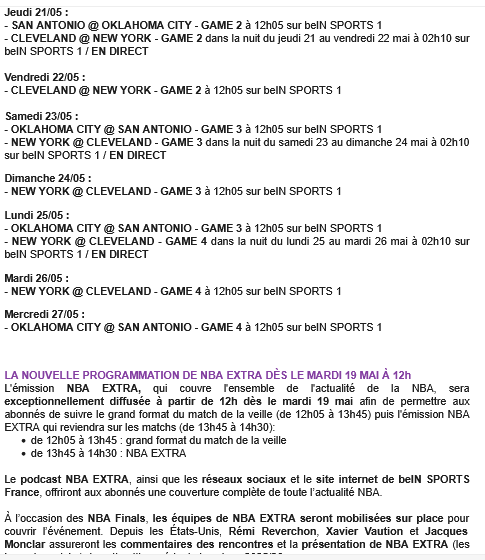 EnPleineLucarne's tweet photo. PROGRAMMATION DES FINALES DE CONFÉRENCE ET DE NBA EXTRA SUR beIN SPORTS 👇
@MaryPatrux https://t.co/DiKujpZxc1