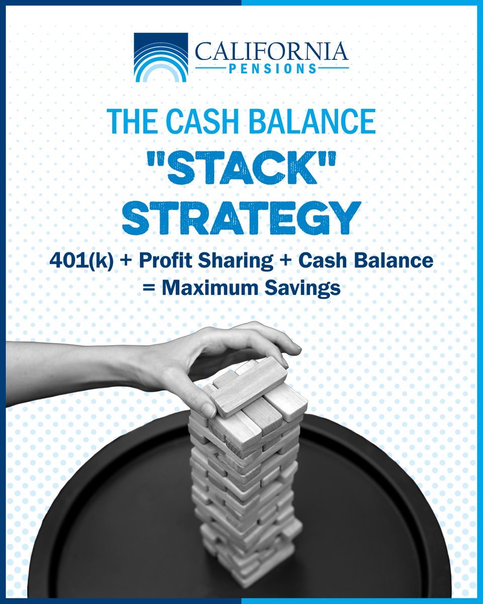CaliforniaPens1's tweet photo. Want to supercharge your retirement savings? 🚀 Pair a cash balance plan with your 401(k) to create a "stack." This coordinated approach combines multiple contribution types, helping owners save far more while keeping your plan compliant and competitive. https://t.co/GEliEHucd7