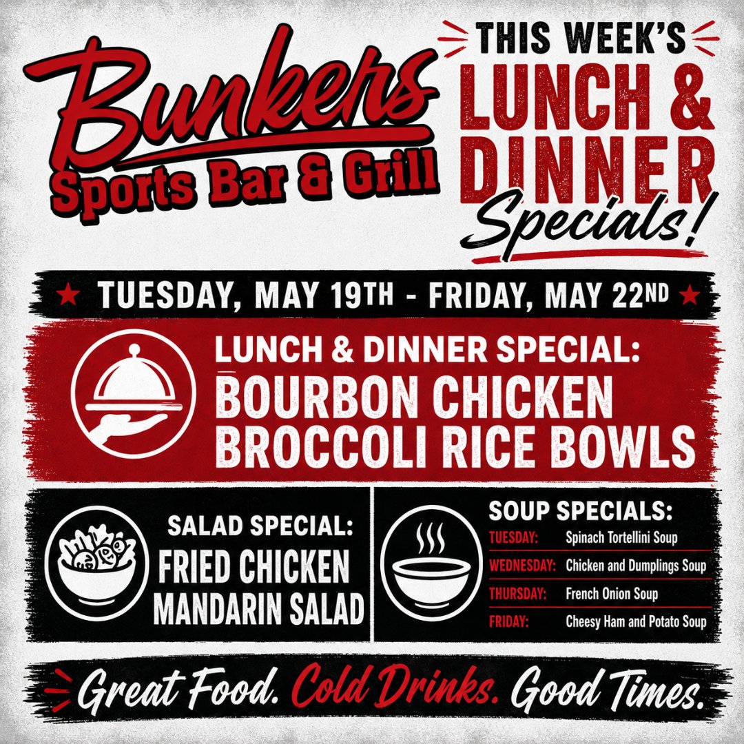 BunkersBar's tweet photo. This weeks lunch specials are here!

Swing by this week for Bourbon Chicken Broccoli Rice Bowls, Fried Chicken Mandarin Salad, and daily soup specials. Don’t miss out on these delicious bites!

#FoodieFavorites #WeeklySpecials #GoodTimes https://t.co/lK2gxceSK5