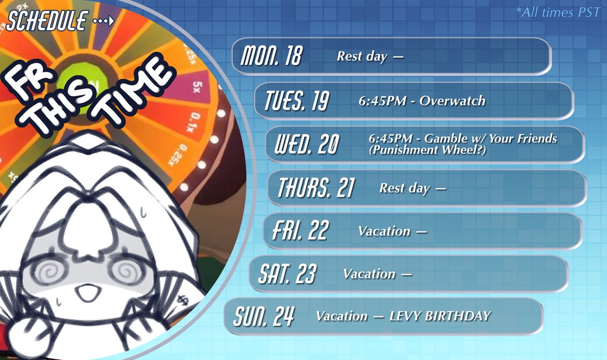 levy_bio_II's tweet photo. This Week’s Schedule, only 2 streams because I’m going on a mini trip this weekend for my birthday!~ Birthday stream will be scheduled for the following week 💙

https://t.co/nZaVEplNXs https://t.co/4piEmNsaSp