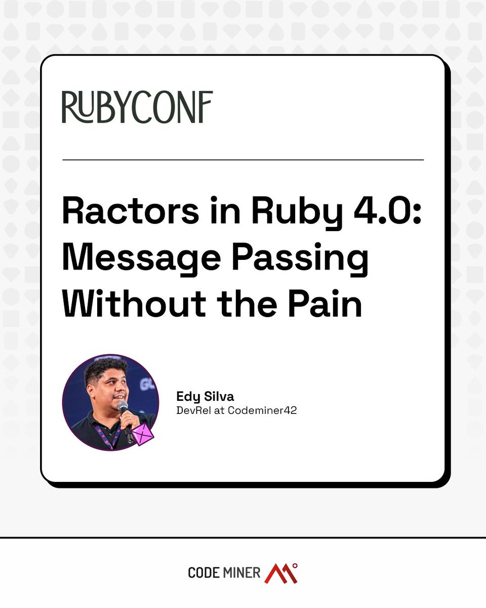 Codeminer42's tweet photo. Ruby concurrency is getting interesting again. 🚀

Our DevRel Edy Silva will be on the Main Stage at RubyConf 2026 with a talk about Ractors in Ruby 4.0 and how message passing can make concurrent Ruby feel safer, clearer, and more practical.

#Codeminer42 #RubyConf #TechEvents https://t.co/uAlDN5Rpab