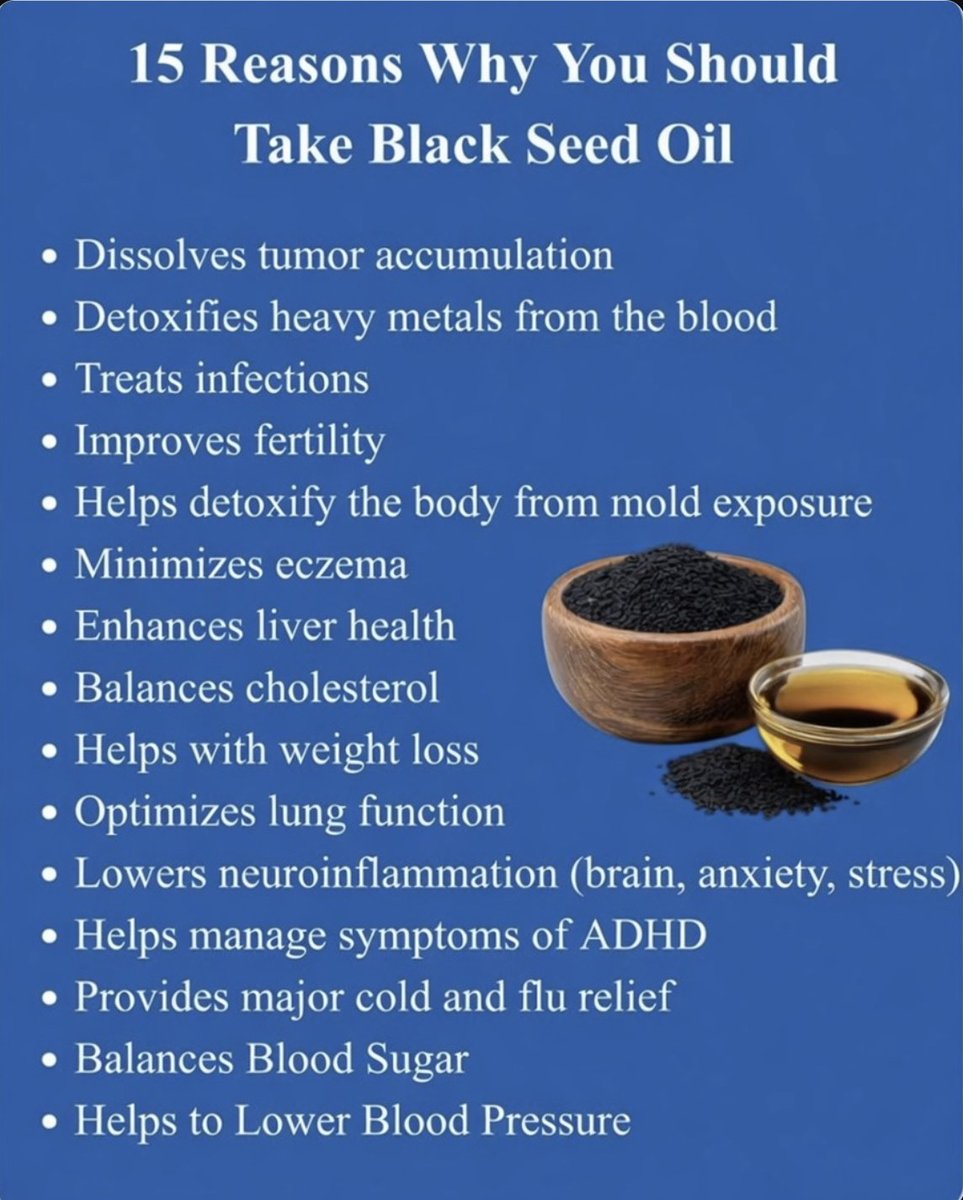 DawnsMission's tweet photo. Black Seed Oil is my daily superpower — and the benefits are ENORMOUS!

I personally take Black Seed Oil every single day. Within just a few weeks I noticed a huge improvement in my skin — it’s clearer, smoother, and healthier than it’s been in years.

 There are so many other incredible benefits too… and yes — it also kills parasites! 

Check out the full list of powerful reasons in the image below.