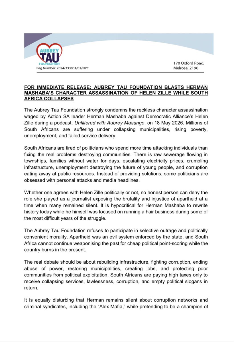 MojaLoveTv's tweet photo. FOR IMMEDIATE RELEASE: AUBREY TAU FOUNDATION BLASTS HERMAN
MASHABA’S CHARACTER ASSASSINATION OF HELEN ZILLE WHILE SOUTH
AFRICA COLLAPSES https://t.co/TvD4TaMNN7