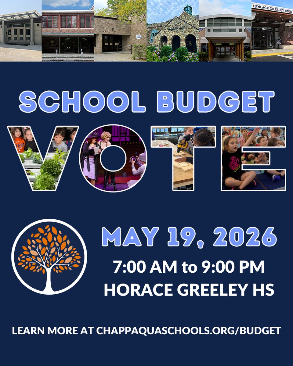 chappaqua_csd's tweet photo. The CCSD school budget vote is Tuesday, May 19th.

Polls are open from 7am to 9pm in the gymnasium at Horace Greeley High School. #WeAreChappaqua https://t.co/tjiBrwNDrg
