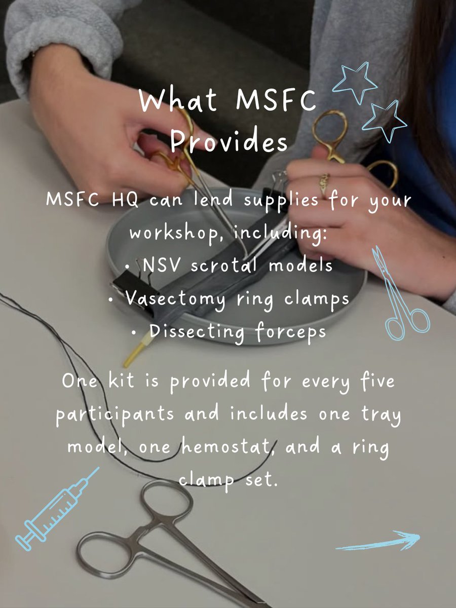 MSFC's tweet photo. For a No-Scalpel Vasectomy (NSV) Workshop, we can send NSV scrotal models, vasectomy ring clamps, and dissecting forceps to your chapter. 

📧 Email students@msfc.org for the materials request form! https://t.co/ISqYX7tIY1