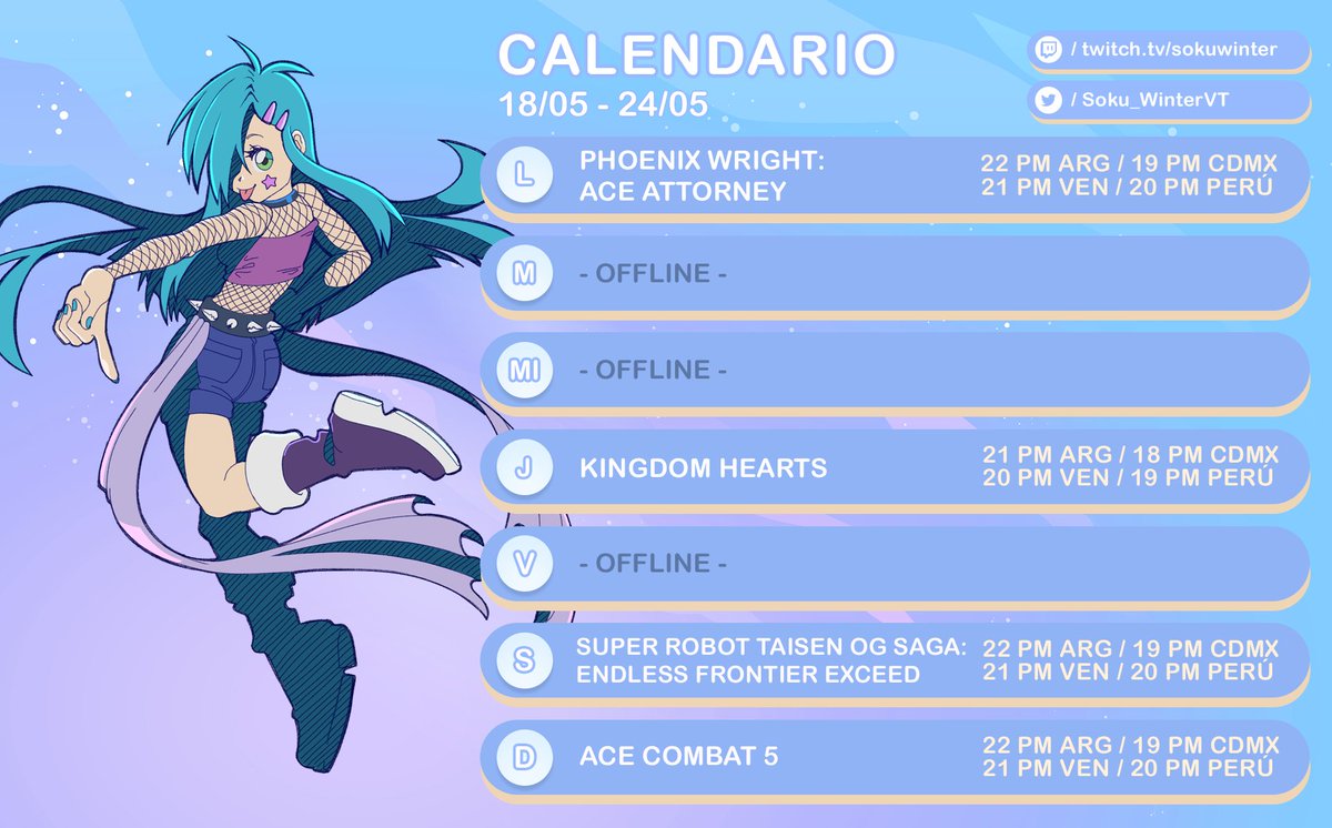 Soku_WinterVT's tweet photo. ❄️~ Calendario  Semanal~ ❄️ 

https://t.co/Em8lNaw5kN           

Artista: @KayllaCat

#Vtuber #VtuberEs #KingdomHearts #PhoenixWright #AceAttorney #SuperRobotTaisenOgSagaEndlessFrontierExceed #SRW #AceCombat5 https://t.co/Mx1qbFBt4x