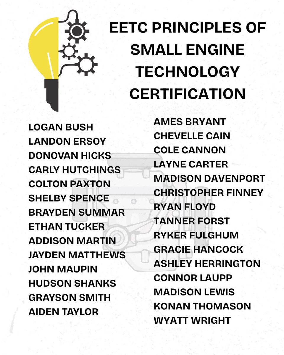 EaglevilleFFA's tweet photo. Congratulations to the following students from Mr. Haley’s classes for passing the EETC Principles of Small Engine Technology Industry Certification! We are proud of your hard work and dedication in developing valuable skills in small engine technology. @RuCoCTE @Tim_PedigoEAG https://t.co/PfvcIJfZgY