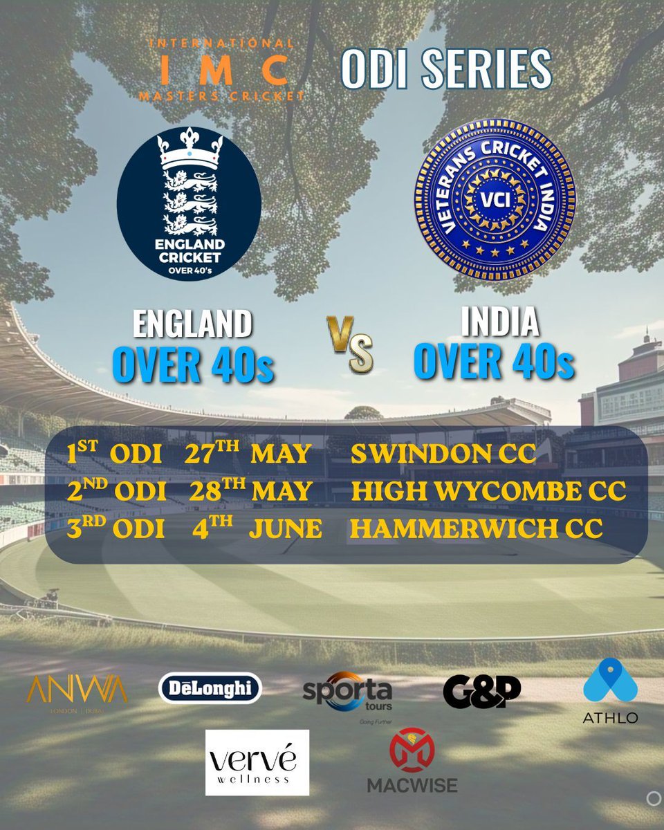 Eng40sCricket's tweet photo. Legends back in action! England and India Over 40s clash in a thrilling three-match ODI series — classic rivalries, skillful shots, and ageless passion. Don't miss the action! #ENGvIND #Over40s
@athlo_app @anwaprop @sportagroup @gentlemenplayer @delonghiuk https://t.co/iS1EHMAgj8
