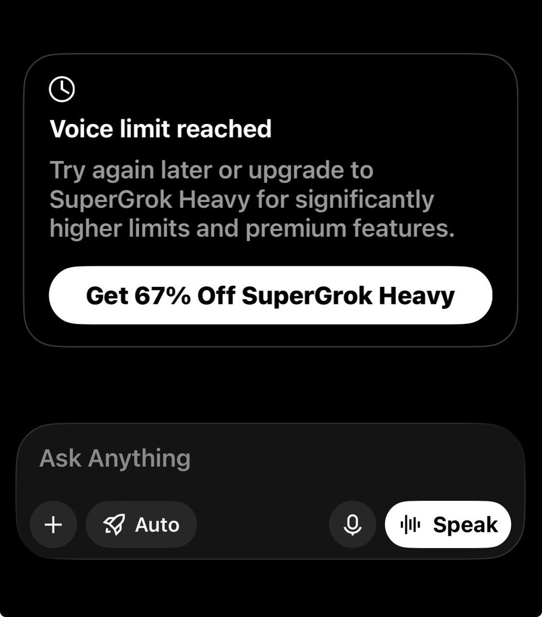 SPARTANSHARK189's tweet photo. @grok What in the Sam Hells is this really it’s still going on I take a break for a couple days and it’s still going on i’m paying for super Grok and I’m only getting five minutes voice chat  that’s insane the time limiter I had is five fucking minutes the same as somebody with a free account