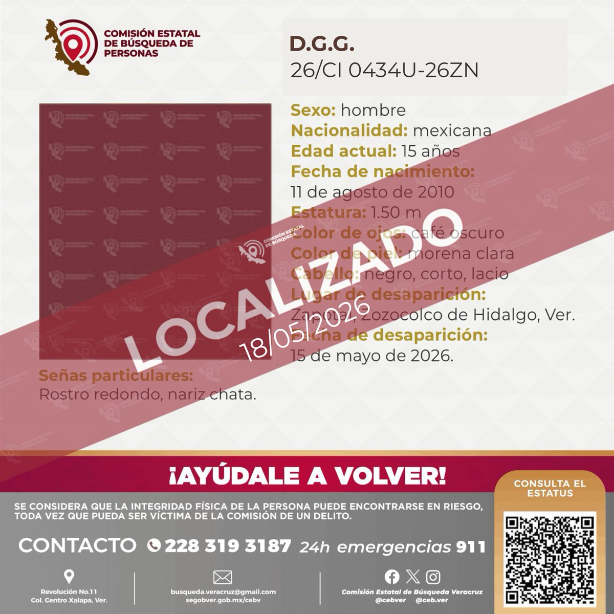 cebver's tweet photo. Agradecemos su colaboración por la localización del adolescente D.G.G.
#ZozocolcodeHidalgo #Mecatlán #FilomenoMata https://t.co/3I9kodf6dB