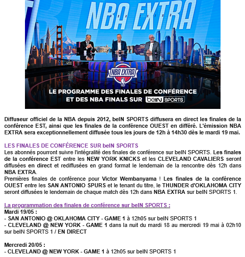 EnPleineLucarne's tweet photo. PROGRAMMATION DES FINALES DE CONFÉRENCE ET DE NBA EXTRA SUR beIN SPORTS 👇
@MaryPatrux https://t.co/DiKujpZxc1